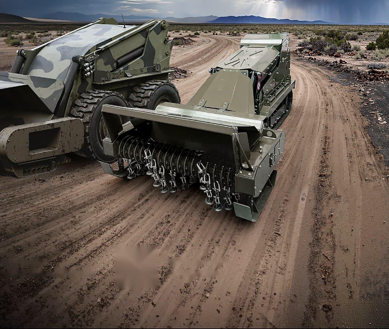 Two FIRSTGREEN demining machines in camouflage with flail attachments