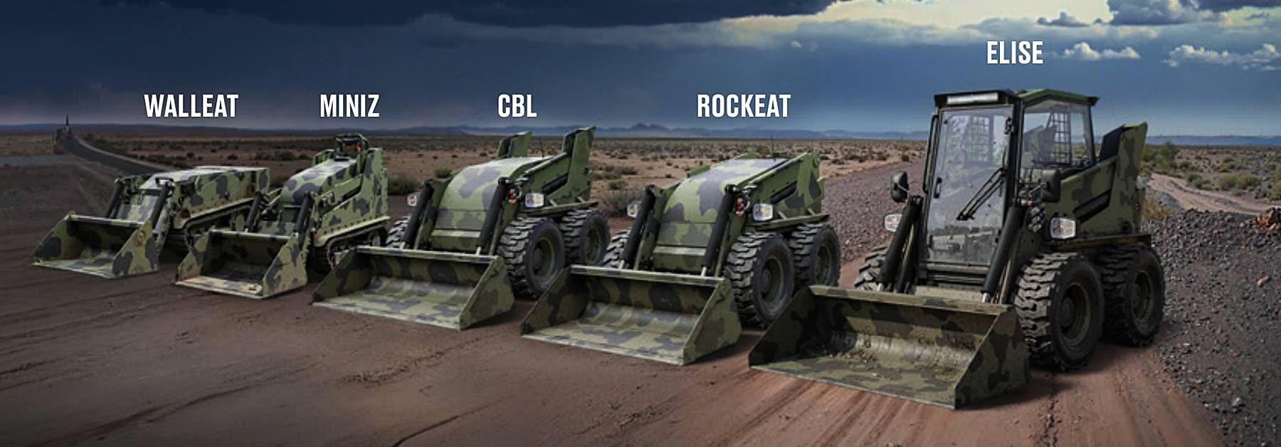 FIRSTGREEN machine line-up in military camouflage: Walleat, MiniZ, CBL, Rockeat and Elise